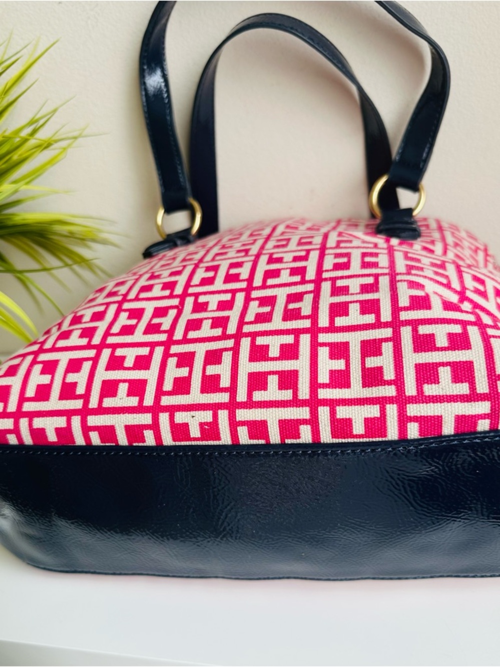 Tommy Hilfiger |  Hot Pink Canvas Patterned Satchel with Black Patent Handles - Picture 6 of 11